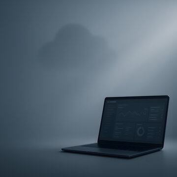 Minimal Tech Laptop with Cloud Shadow and Dashboard Screen｜クラウドの影とダッシュボード画面のミニマルなノートパソコン