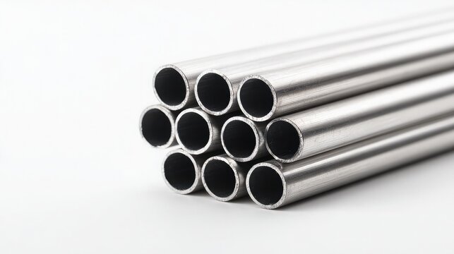 Bundle of smooth metallic aluminum tubes arranged in a tight group, suggesting industrial supply, construction components, or material resources.
