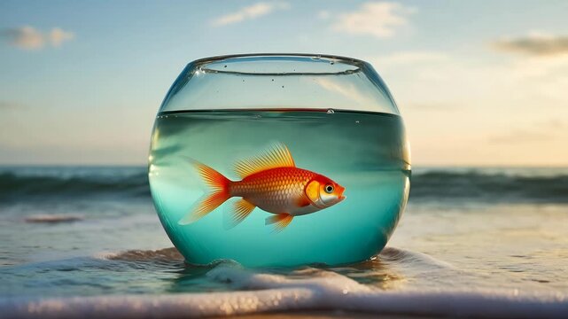 Goldfish in a clear bowl on a sandy beach shore during sunset, symbolizing freedom and limitation concept