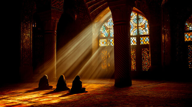Three people in prayer inside the large mosque