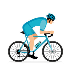 Naklejka premium Cyclist with helmet and sunglasses riding a bicycle in cycling shorts and jersey. Blue flat design. Hand drawn illustration II.