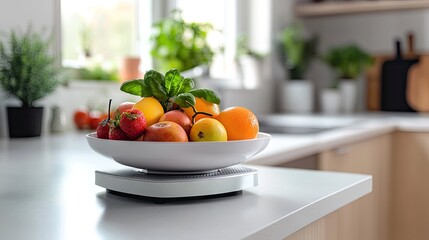 Fresh and Healthy Fruits in a White Bowl on a Kitchen Counter Surrounded by Greenery and Natural Light in a Modern Home Environment