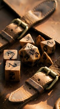 Wooden dice set with leather accessories on rustic surface for tabletop gaming and role-playing adventures.