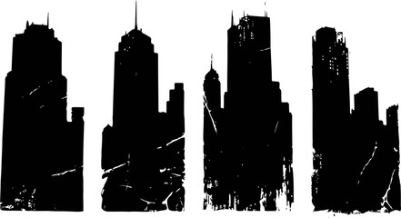 Obraz premium Grunge black city skyline silhouettes with distressed textures and urban skyscrapers