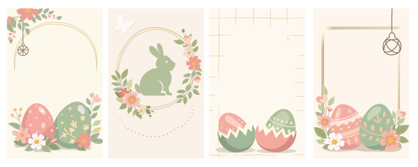 Pastel Easter card collection featuring decorative eggs, floral frames, a bunny silhouette, and soft botanical elements. Minimal clean background with copy space for text, perfect for greeting cards,  © Sirirat