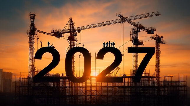 A captivating sunset silhouette of construction cranes and the year 2027, symbolizing growth and future possibilities.