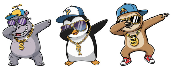 A hippopotamus, penguin, and sloth dabbing together while wearing stylish hats, sunglasses, and gold chains.