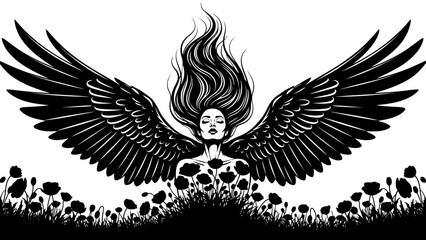 Fototapeta premium Angel Woman with Black Wings Emerging from Poppies Field, Black and White Illustration