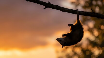 Fototapeta premium Silhouette of sloth hanging upside down from tree branch against golden sunset sky creating peaceful wildlife scene for nature and animal themed designs.