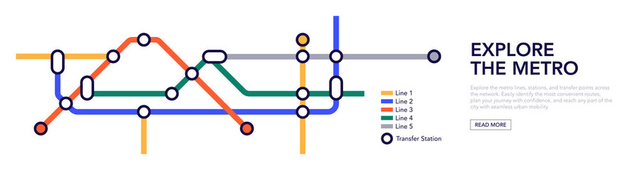Colorful subway network map with interconnected metro lines and station routes, fictional underground transit layout showing paths, transfers and city rail structure flat vector illustration. © PaleStudio