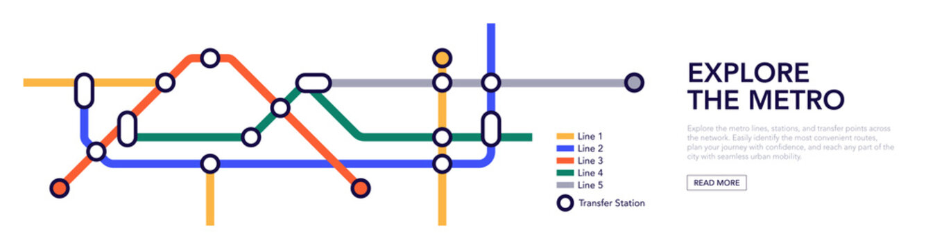 Colorful subway network map with interconnected metro lines and station routes, fictional underground transit layout showing paths, transfers and city rail structure flat vector illustration.