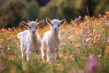 Fototapeta premium Joyful youngsters in a sunlit pasture, playful goats amid blooming wildflowers