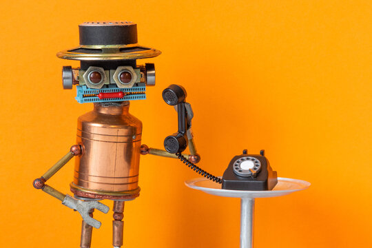 Vintage copper robot wearing hat with rotary telephone handset. Hotline operator concept, customer service flyer, helpdesk leaflet