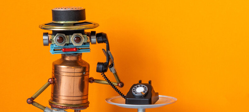 operator, hotline agent, support specialist, telephone operator, dispatcher, attendant, old-fashioned hat, receiver, handset, rotary phone, antique, vintage, three, table, voice support, customer serv