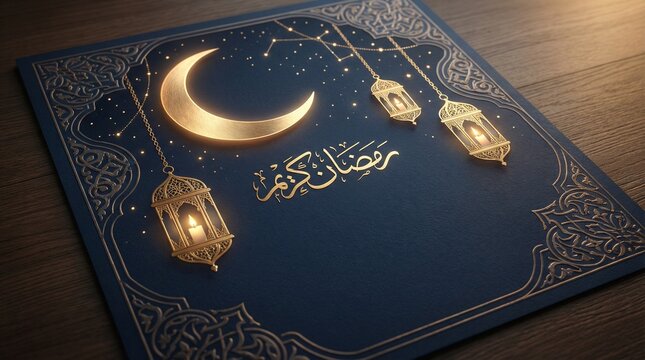 Elegant Ramadan Kareem Greeting Card with Golden Lanterns and Crescent Moon