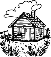 Fototapeta premium Cozy wooden cabin with chimney smoke surrounded by flowers and garden chair in countryside