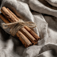 Aromatic Cinnamon Sticks Tied with Twine on Rustic Fabric.