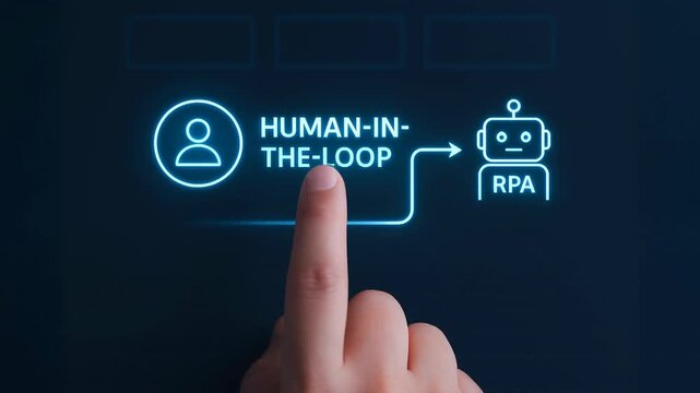 Hand touching Human-in-the-loop icon connected to RPA robot, concept of human-AI collaboration and hybrid workforce