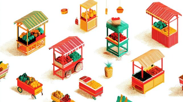 Colorful stylized market stalls with fruits and vegetables displayed on a white background