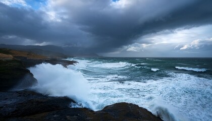 Obraz premium turbulent ocean waves crash under a cloudy sky during a stormy day by the coastline