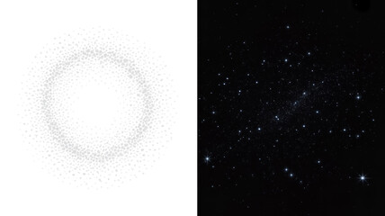 A split image composition with white textured surface and starry night sky.