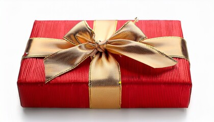 red gift box with gold ribbon and bow on white background