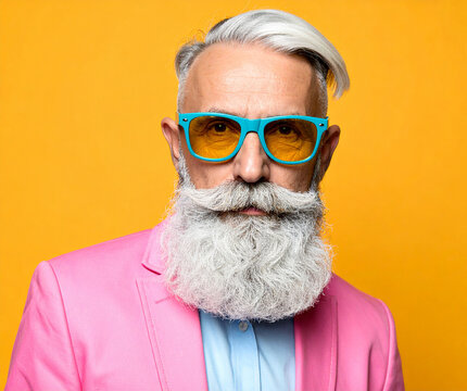 Älterer Mann mit Vollbart und Funky Fashion vor orangenen Hintergrund
