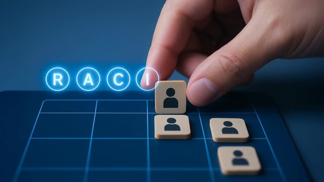 Hand placing person icon block on RACI matrix board, concept of project management responsibility and role assignment