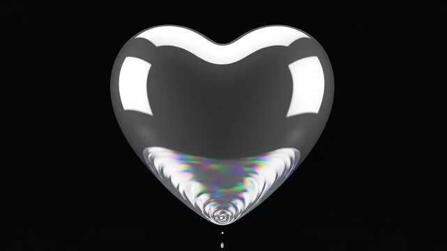 A reflective heart-shaped balloon floats gently in the air, slowly losing air against a dark background, captured from a straightforward viewpoint in a serene environment.