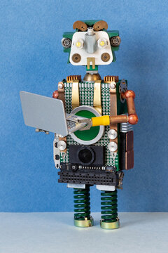 Kind-faced green robot with big eyebrows holding open laptop. Digital experience concept, computer ad template, user-friendly gadget card