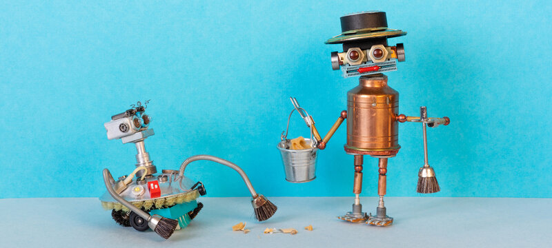 Vacuum robot with brush arms reaching for debris, second helper robot holding bucket, sponge and mop. Team cleaning flyer, maintenance leaflet, facility care card