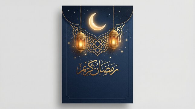 Elegant Ramadan Kareem Greeting Card with Golden Lanterns and Crescent Moon