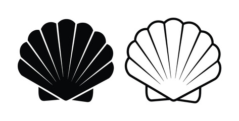 Black and White Scallop Shell Silhouette and Outline © vector Art