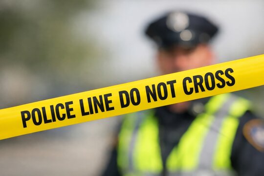 Police Line Tape with Officer in Background for Crime Scene Investigation and Law Enforcement