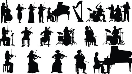 Orchestra musicians silhouette collection with piano, violin, cello, harp and drums isolated on white background vector illustration set © Md Rofequl Islam