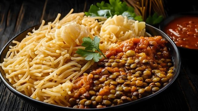 Egyptian Koshari dish with pasta lentils and tomato sauce