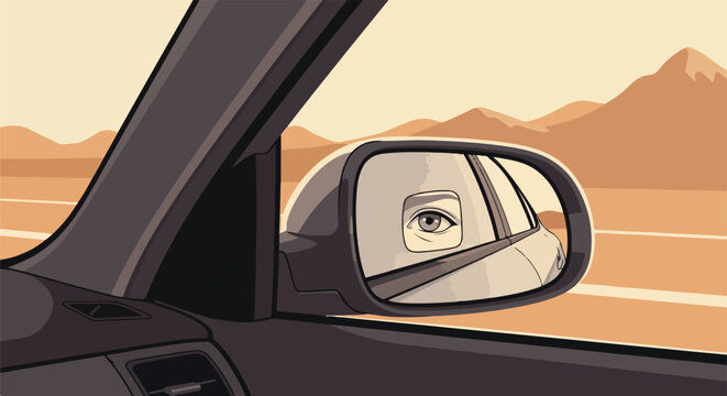 View of a human eye reflected in a car's side mirror, looking back while driving on a road with mountains in the background