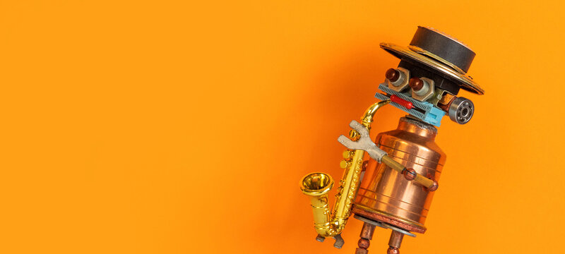 Robot performer jazzman in big hat and copper torso blowing jazz solo on orange bg. Jazz festival banner, stage event leaflet