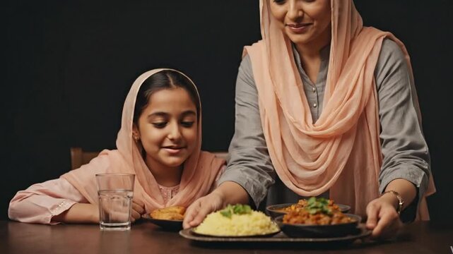 Emotional Ramadan Iftar Moment &ndash; South Asian Mother and Daughter Sharing Traditional Meal in Studio 4K