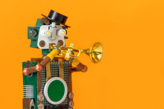 Robot jazzman player in black cap playing a humorous trumpet solo. Jazz music festival poster, stage event leaflet, performer promo card