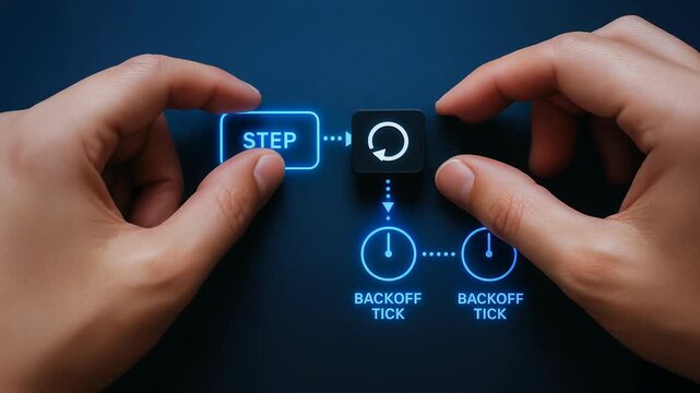 Hands arranging Step and Retry blocks with Backoff Tick clocks, concept of automated process scheduling and retry logic
