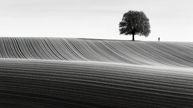 Monochrome field, lone tree, distant figure