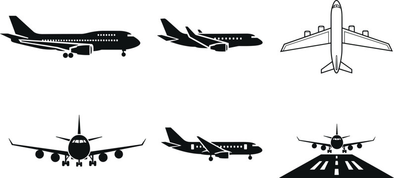 Airplane silhouette set with takeoff landing and front view isolated on white background aviation vector illustration