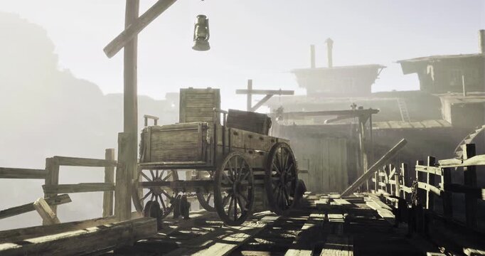A rustic wooden cart rests on wooden planks by a misty dock. A lantern dangles from a post, creating an atmospheric view of a forgotten waterfront.
