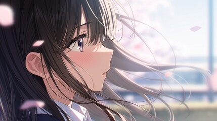 桜の木の下で髪をなびかせているアニメ調の美少女