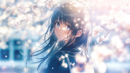 桜の木の下で髪をなびかせているアニメ調の美少女