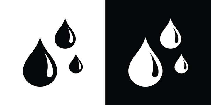 Group of three water drops of varying sizes. Modern icon set for weather, rain, or skincare products. High-contrast vector graphics in outline and flat styles for web and print.