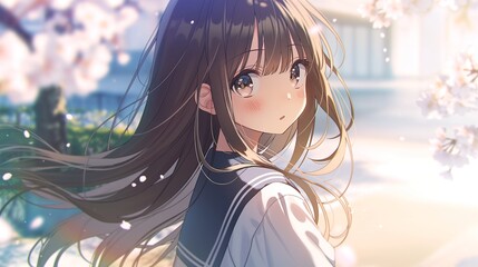 Fototapeta premium 桜の木の下で髪をなびかせているアニメ調の美少女