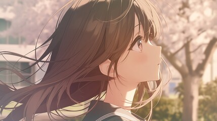 桜の木の下で髪をなびかせているアニメ調の美少女