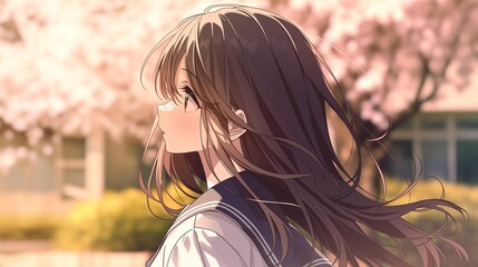 桜の木の下で髪をなびかせているアニメ調の美少女